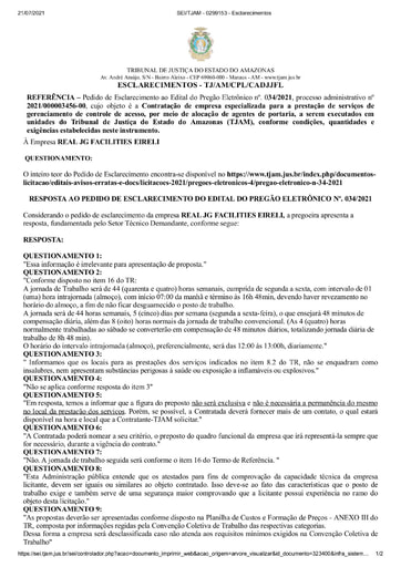 PREGÃO ELETRÔNICO Nº 034/2021 - RESPOSTA AO PEDIDO DE ESCLARECIMENTO - REAL JG