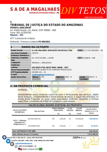 PREGÃO ELETRÔNICO Nº 006/2021 – PROPOSTA - S A DE A MAGALHÃES