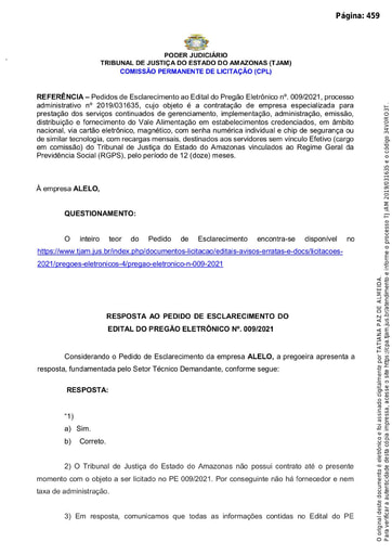 PREGÃO ELETRÔNICO Nº 009/2021 – RESPOSTA AO PEDIDO DE ESCLARECIMENTO - ALELO