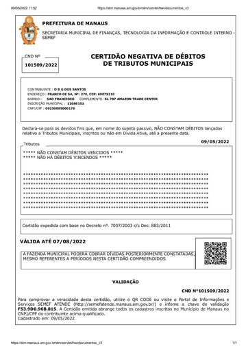 PREGÃO ELETRÔNICO Nº 037/2022 - HABILITAÇÃO - EXTRAÍDOS DO SICAF E SITES - D B G DOS SANTOS