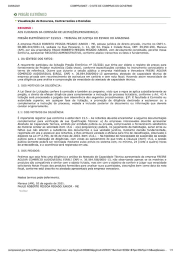 PREGÃO ELETRÔNICO Nº 033/2021 - RAZÕES RECURSAIS - PAULO ROBERTO