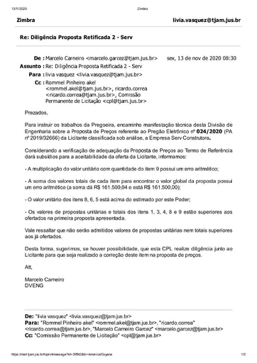 PREGÃO ELETRÔNICO Nº 024/2020 - DILIGÊNCIA CPL À DIVISÃO DE ENGENHARIA - PROPOSTA RETIFICADA 2 - SERV CONSTRUTORA