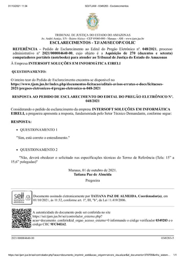 PREGÃO ELETRÔNICO Nº 48/2021 - RESPOSTA AO PEDIDO DE ESCLARECIMENTO - INTERSOFT