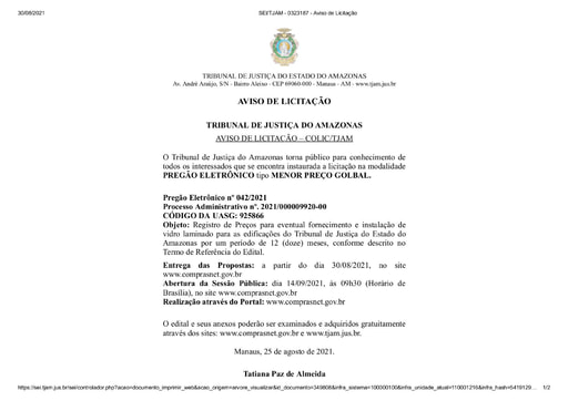 PREGÃO ELETRÔNICO Nº 042/2021 - AVISO DE LICITAÇÃO