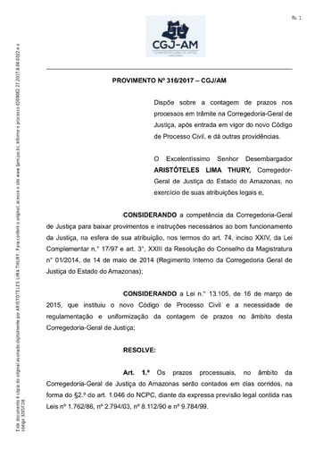 PROVIMENTO 316 - Dispõe sobre a contagem de prazos nos processos em trâmite na Corregedoria-Geral de Justiça, após entrada em vigor do novo CPC