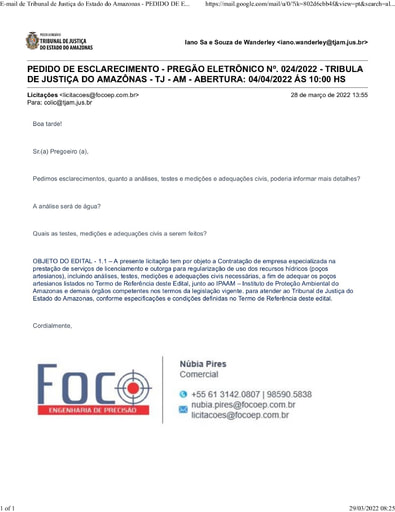 PREGÃO ELETRÔNICO Nº 024/2022 - PEDIDO DE ESCLARECIMENTO - FOCO