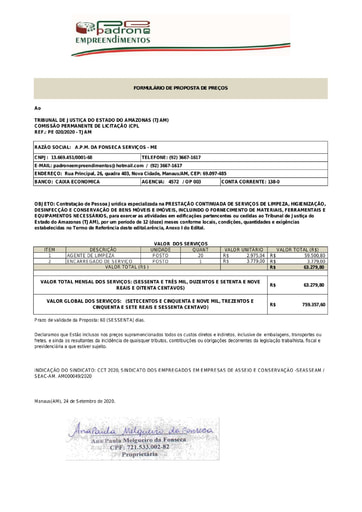 PREGÃO ELETRÔNICO Nº 020/2020 - PROPOSTA - A P M DA FONSECA
