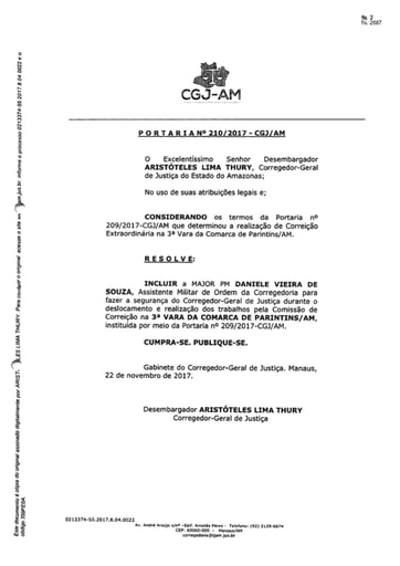Portaria nº210/2017-CGJ/AM ( Inclui a Major PM Daniele Vieira de Souza para fazer a segurança do Corregedor-Geral de Justiça)
