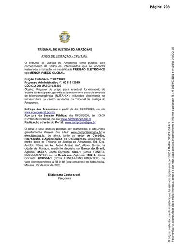 PREGÃO ELETRÔNICO Nº 007/2020 – AVISO DE LICITAÇÃO