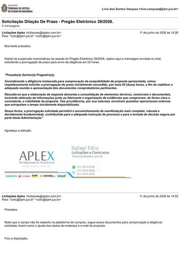 PREGÃO ELETRÔNICO Nº 039/2026 - E-MAIL - PROPOSTA RETIFICADA E DECLARAÇÃO DE EXEQUIBILIDADE - APLEX DISTRIBUIDORA DE PRODUTOS DE TECNOLOGIA S.A