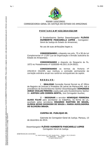 Portaria nº423/2014-CGJ/AM (Realiza Correição Parcial no 4º Ofício de registro de Imóveis e Protestos de Letras de Manaus)
