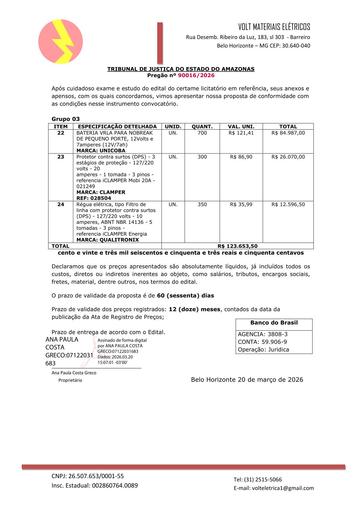 PREGÃO ELETRÔNICO Nº 016/2026 - PROPOSTA RETIFICADA - VOLT MATERIAIS ELETRICOS LTDA - GRUPO 3