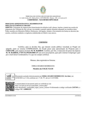 PREGÃO ELETRÔNICO Nº 005/2025 - CERTIDÃO DE DECURSO DE PRAZO - M. M. BARROS