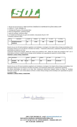 PREGÃO ELETRÔNICO Nº 015/2021 - PROPOSTA - ITEM 1 - R&R
