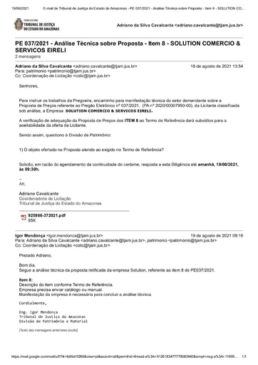 PREGÃO ELETRÔNICO Nº 037/2021 – DILIGÊNCIA CPL À DIVISÃO DE PATRIMÔNIO - PROPOSTA - ITEM 8 - SOLUTION