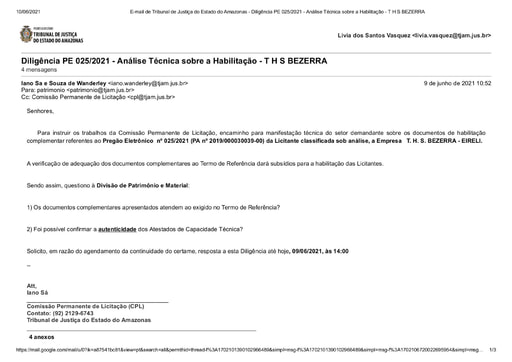 PREGÃO ELETRÔNICO Nº 025/2021 - DILIGÊNCIA CPL À DIVISÃO DE PATRIMÔNIO - DOCUMENTAÇÃO - T. H. S. BEZERRA