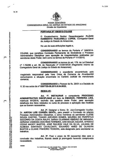 Portaria nº159/2015-CGJ/AM (Instaura Procedimento Administrativo Disciplinar - PAD; Processo nº 0207720-58.2015.8.04.0022)