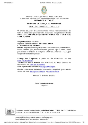 PREGÃO ELETRÔNICO Nº 035/2022 - AVISO DE LICITAÇÃO