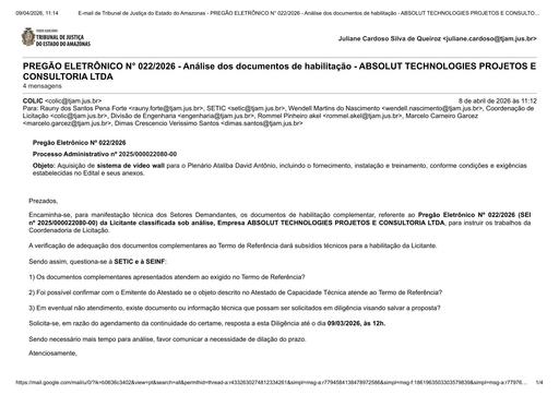 PREGÃO ELETRÔNICO Nº 022/2026 - DILIGÊNCIA COLIC À SETIC E À SEINF - DOCUMENTOS DE HABILITAÇÃO - ABSOLUT TECHNOLOGIES PROJETOS E CONSULTORIA LTDA