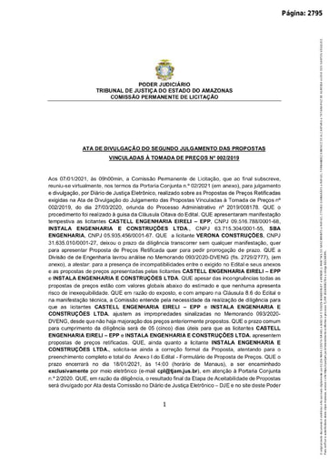 TOMADA DE PREÇOS Nº 002/2019 – ATA DA SESSÃO - DIVULGAÇÃO DO JULGAMENTO CPL À PROPOSTA