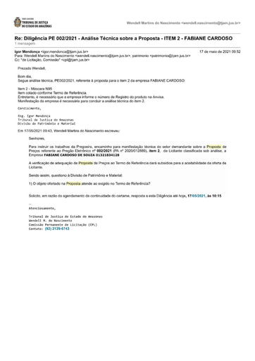 PREGÃO ELETRÔNICO Nº 002/2021 – DILIGÊNCIA CPL À DIVISÃO DE PATRIMÔNIO - PROPOSTA - ITEM 2 - FABIANE CARDOSO