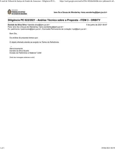 PREGÃO ELETRÔNICO Nº 022/2021 – DILIGÊNCIA CPL À DIVISÃO DE PATRIMÔNIO - PROPOSTA - ITEM 3 - ORBITY