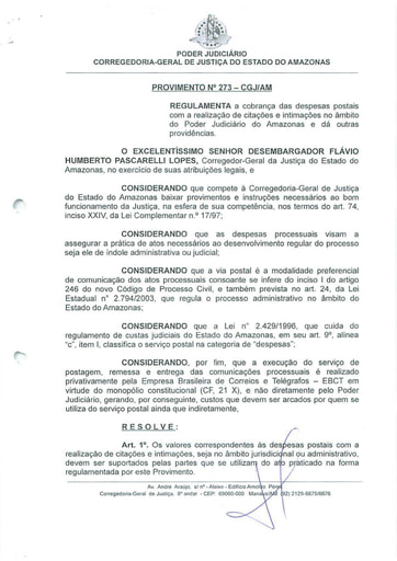 PROVIMENTO 273 - Regulamenta a cobrança das despesas postais com a realização de citações e intimações no âmbito do Poder Judiciário do Amazonas