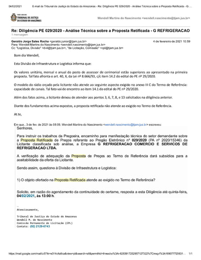PREGÃO ELETRÔNICO Nº 029/2020 - DILIGÊNCIA CPL À DIVISÃO DE INFRAESTRUTURA E LOGÍSTICA - PROPOSTA RETIFICADA - G REFRIGERAÇÃO