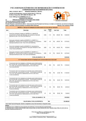 PREGÃO ELETRÔNICO Nº 024/2020 - PROPOSTA RETIFICADA - P B L SERVIÇOS