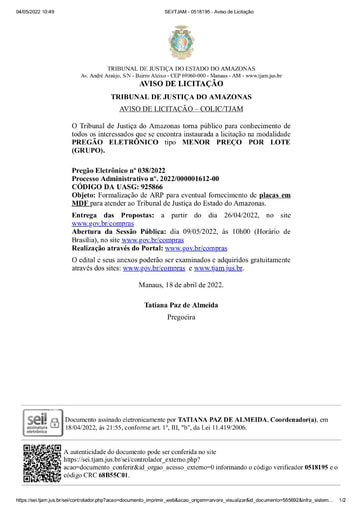 PREGÃO ELETRÔNICO Nº 038/2022 - AVISO DE LICITAÇÃO