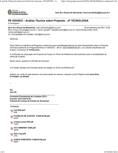 PREGÃO ELETRÔNICO Nº 039/2021 - DILIGÊNCIA COLIC À DVCOP - PROPOSTA - JF TECNOLOGIA