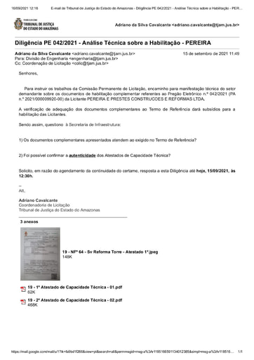 PREGÃO ELETRÔNICO Nº 042/2021 – DILIGÊNCIA COLIC À DIVISÃO DE ENGENHARIA - HABILITAÇÃO - PEREIRA