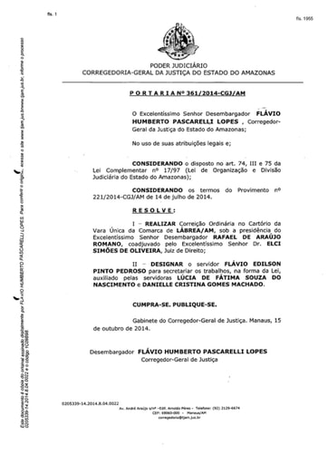 Portaria nº361/2014-CGJ/AM (Realiza Correição Ordinária no Cartório da Vara única da Comarca de Lábrea/AM)