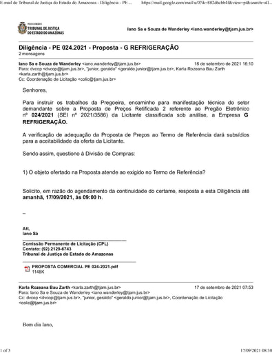 PREGÃO ELETRÔNICO Nº 024/2021 - DILIGÊNCIA COLIC À DIVISÃO DE COMPRAS - PROPOSTA - G REFRIGERAÇÃO