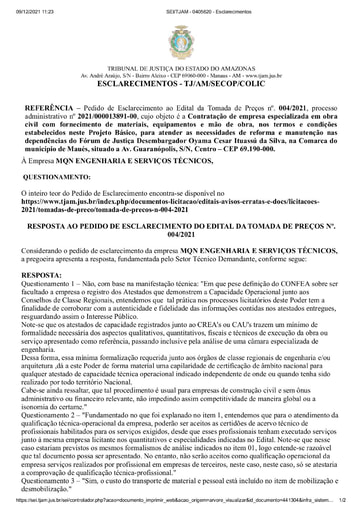 TOMADA DE PREÇOS N° 004/2021 - RESPOSTA AO PEDIDO DE ESCLARECIMENTO - MQN ENGENHARIA