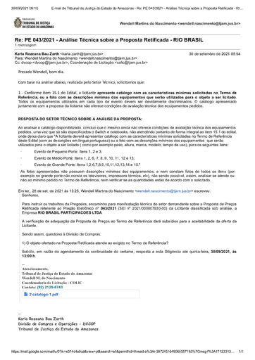 PREGÃO ELETRÔNICO Nº 043/2021 – DILIGÊNCIA COLIC À DIVISÃO DE COMPRAS - PROPOSTA RETIFICADA - RIO BRASIL
