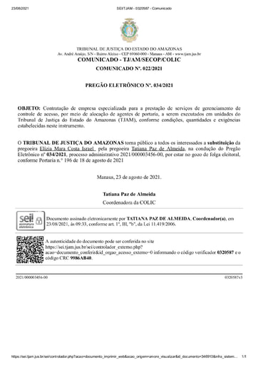PREGÃO ELETRÔNICO Nº 034/2021 – COMUNICADO 022/2021 - SUBSTITUIÇÃO DE PREGOEIRA