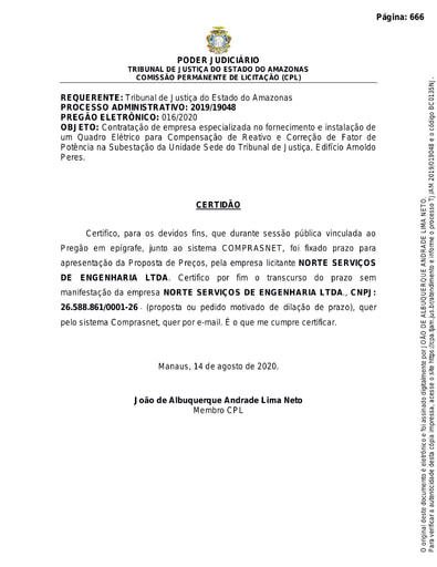 PREGÃO ELETRÔNICO Nº 016/2020 - CERTIDÃO - DECURSO DE PRAZO - NORTE SERVIÇOS