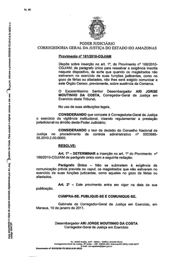 Provimento 181 - Dispõe sobre a inserção de parágrafo único no art. 1º do Provimento nº 168/2010