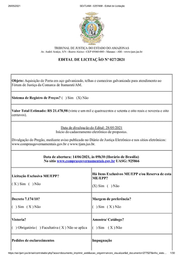 PREGÃO ELETRÔNICO Nº 027/2021 - EDITAL DE LICITAÇÃO