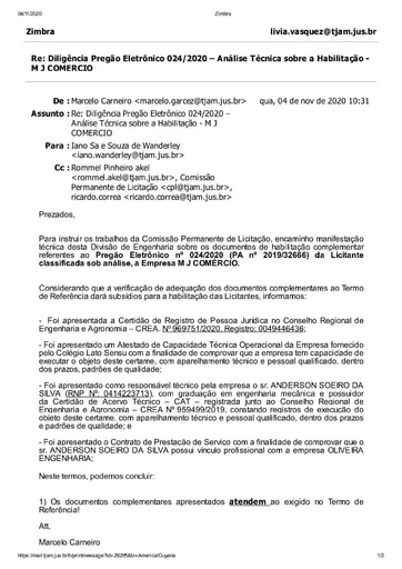 PREGÃO ELETRÔNICO Nº 024/2020 - DILIGÊNCIA CPL À DIVISÃO DE ENGENHARIA - DOCUMENTAÇÃO - M J COMERCIO
