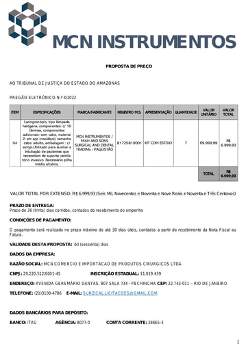PREGÃO ELETRÔNICO Nº 004/2022 - PROPOSTA - ITEM 4 - MCN