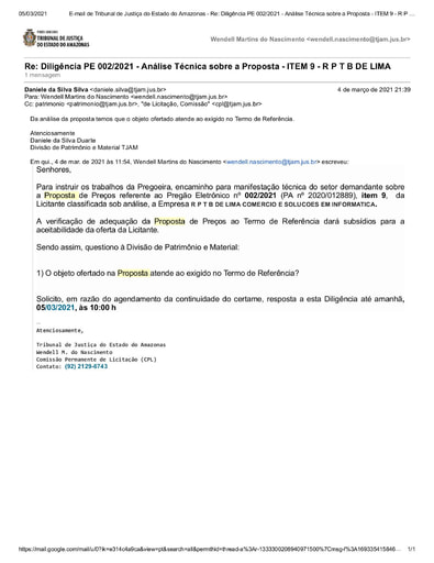 PREGÃO ELETRÔNICO Nº 002/2021 – DILIGÊNCIA CPL À DIVISÃO DE PATRIMÔNIO E MATERIAL - PROPOSTA - ITEM 9 - R P T B DE LIMA