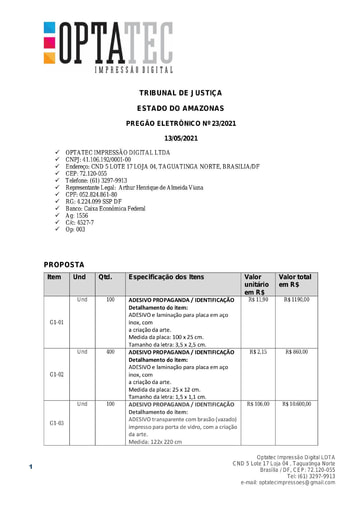 PREGÃO ELETRÔNICO Nº 023/2021 – PROPOSTA RETIFICADA - OPTATEC - GRUPOS 1, 3, 5, 8 e ITENS 69, 70 e 71