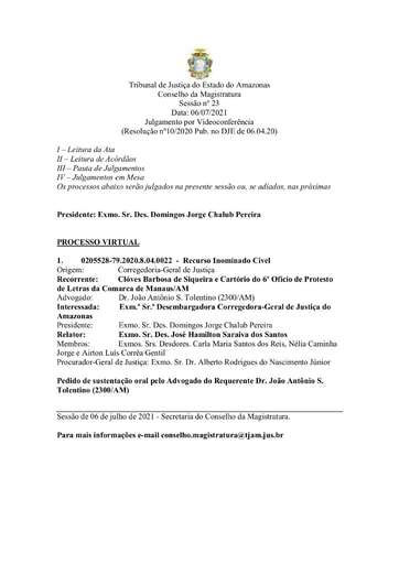 Pauta de Julgamento do Conselho da Magistratura para o dia 06.07.2021