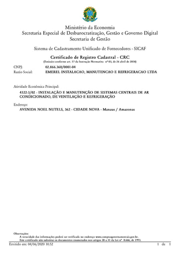 PREGÃO ELETRÔNICO N° 012/2020 – HABILITAÇÃO - SICAF E CNDT - EMEREL