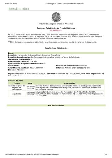 PREGÃO ELETRÔNICO Nº 56/2021 - TERMO DE ADJUDICAÇÃO