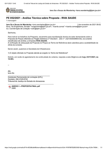 PREGÃO ELETRÔNICO Nº 52/2021 - E-MAIL DILIGÊNCIA - PROPOSTA - RIVA SAUDE