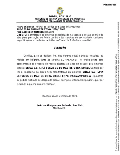 PREGÃO ELETRÔNICO Nº 006/2021 – CERTIDÃO DECURSO DE PRAZO - ÉRICA