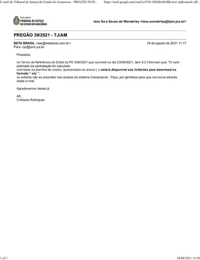 PREGÃO ELETRÔNICO Nº 039/2021 - PEDIDO DE ESCLARECIMENTO - BETA BRASIL